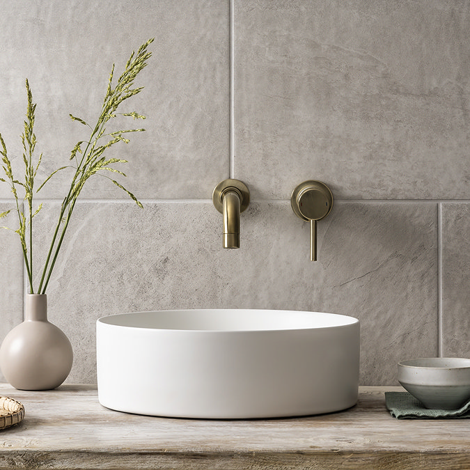 Arezzo Vanity Unit - Rustic Oak - 600mm 2-Drawer with Worktop, Brass Handles, White Round Basin and Brass Legs
