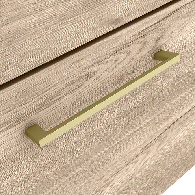 Arezzo Vanity Unit - Rustic Oak - 600mm 2-Drawer with Worktop, Brass Handles, White Round Basin and Brass Legs