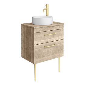 Arezzo Vanity Unit - Rustic Oak - 600mm 2-Drawer with Worktop, Brass Handles, White Round Basin and Brass Legs