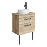Arezzo Vanity Unit - Rustic Oak - 600mm 2-Drawer with Worktop, Black Handles, White Round Basin and Legs
