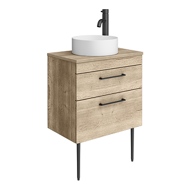 Arezzo Vanity Unit - Rustic Oak - 600mm 2-Drawer with Worktop, Black Handles, White Round Basin and Legs