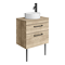 Arezzo Vanity Unit - Rustic Oak - 600mm 2-Drawer with Worktop, Black Handles, White Round Basin and Legs