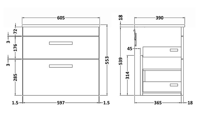 Arezzo Wall Hung 2-Drawer Countertop Vanity Unit - Matt Black - 600mm with Worktop & Brushed Brass Handles