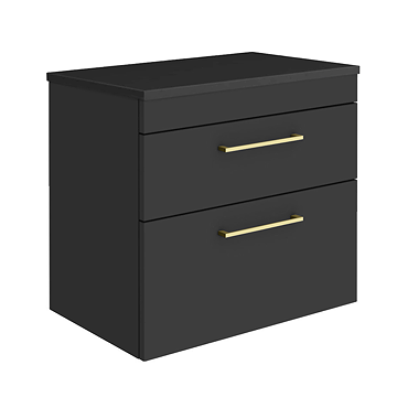 Arezzo Wall Hung 2-Drawer Countertop Vanity Unit - Matt Black - 600mm with Worktop & Brushed Brass Handles