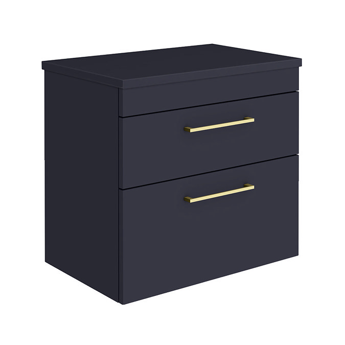 Arezzo Wall Hung 2-Drawer Countertop Vanity Unit - Matt Blue - 600mm with Worktop & Brushed Brass Handles