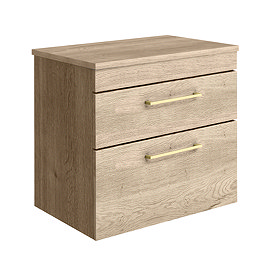 Arezzo Wall Hung 2-Drawer Countertop Vanity Unit - Rustic Oak - 600mm with Worktop & Brushed Brass Handles