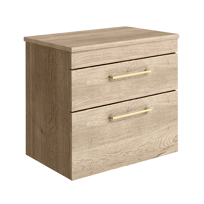 Arezzo Wall Hung 2-Drawer Countertop Vanity Unit - Rustic Oak - 600mm with Worktop & Brushed Brass Handles