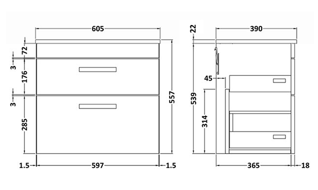 Arezzo Wall Hung 2-Drawer Countertop Vanity Unit - Rustic Oak - 600mm with Worktop & Matt Black Handles