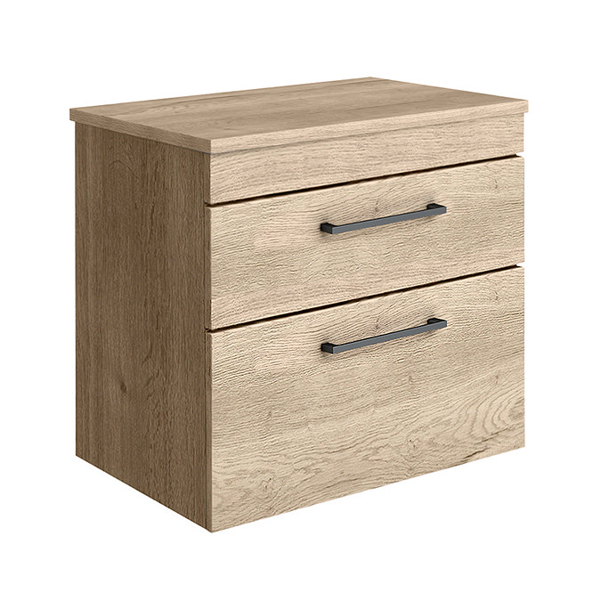 Arezzo Wall Hung 2-Drawer Countertop Vanity Unit - Rustic Oak - 600mm with Worktop & Matt Black Handles