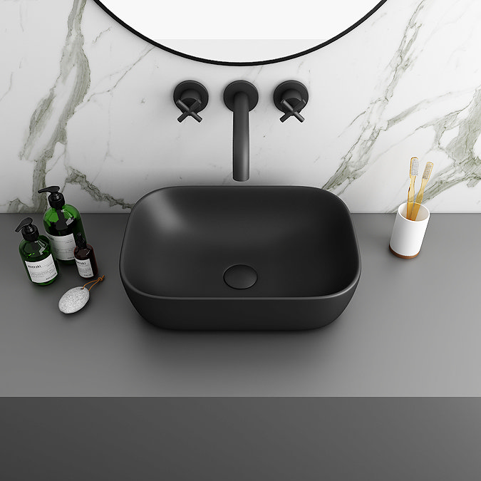 Arezzo Wall Hung Countertop Basin Unit - Pink with Industrial Style Black Handle - 600mm inc. Black Basin Standard Large Image
