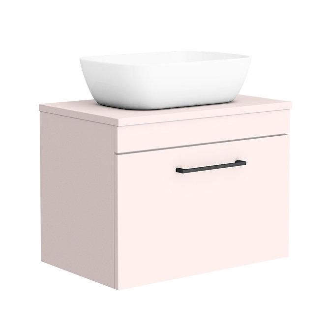 Arezzo Wall Hung Countertop Basin Unit - Pink with Matt Black Handle - 600mm inc. White Basin Large 