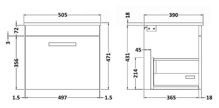 Arezzo Wall Hung Countertop Vanity Unit - Matt Black - 500mm with Brushed Brass Handle