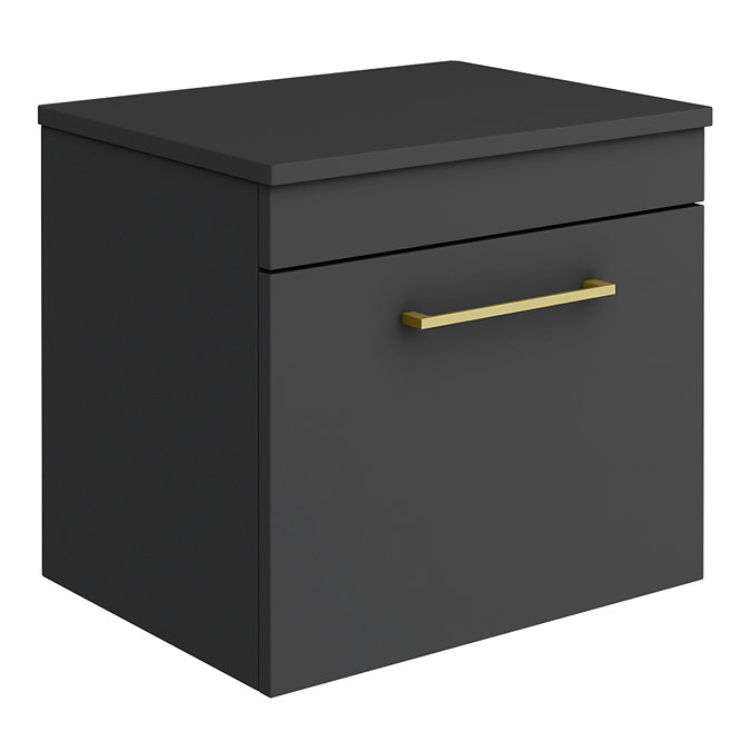 Arezzo Wall Hung Countertop Vanity Unit - Matt Black - 500mm with Brushed Brass Handle