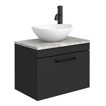 Arezzo Wall Hung Countertop Vanity Unit - Matt Black - 600mm with Bellato Grey Worktop, Black Handle and Oval Basin