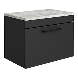 Arezzo Wall Hung Countertop Vanity Unit - Matt Black - 600mm with Bellato Grey Worktop & Matt Black Handle