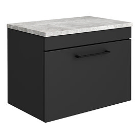 Arezzo Wall Hung Countertop Vanity Unit - Matt Black - 600mm with Bellato Grey Worktop & Matt Black Handle