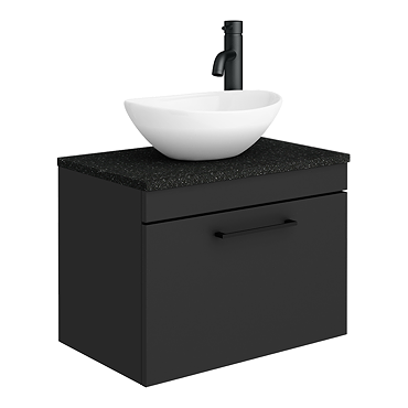 Arezzo Wall Hung Countertop Vanity Unit - Matt Black - 600mm with Black Worktop, Black Handle and Oval Basin