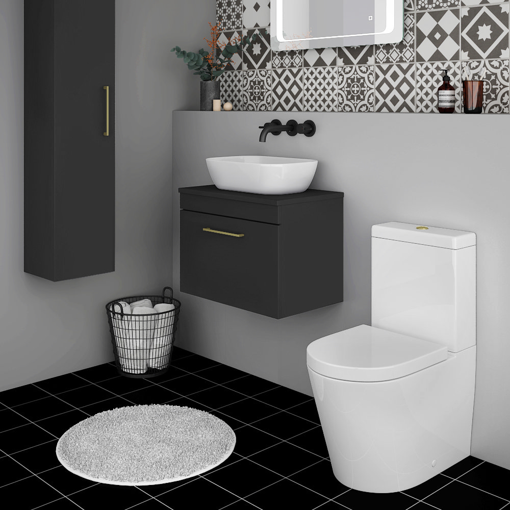 Arezzo Wall Hung Countertop Vanity Unit Matt Black 600mm with Brushed Brass Handle