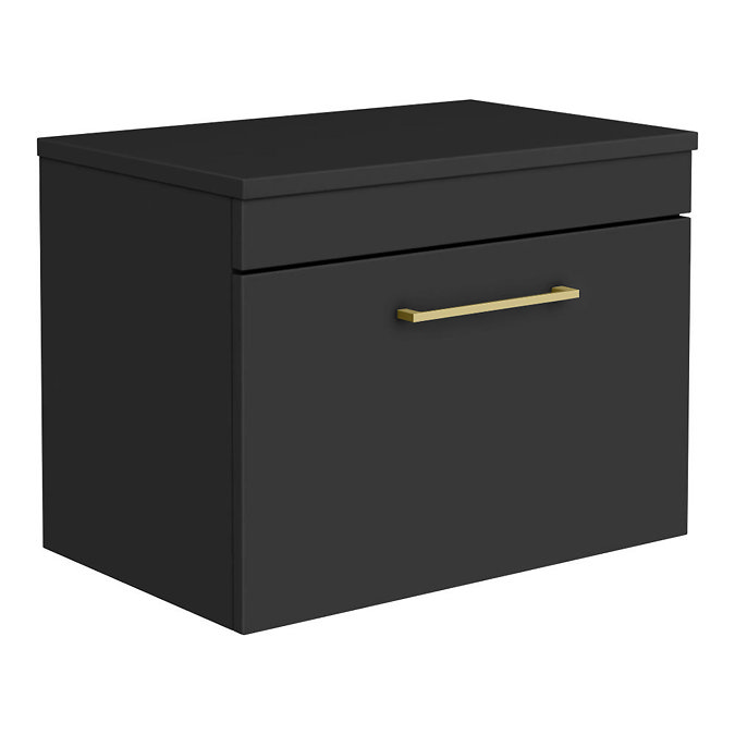 Arezzo Wall Hung Countertop Vanity Unit - Matt Black - 600mm with Brushed Brass Handle