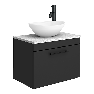 Arezzo Wall Hung Countertop Vanity Unit - Matt Black - 600mm with White Worktop, Black Handle and Oval Basin