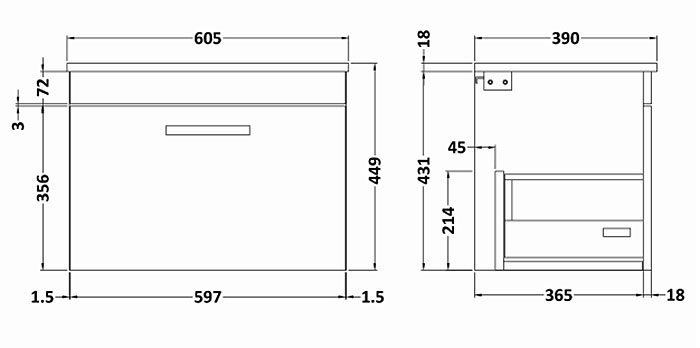 Arezzo Wall Hung Countertop Vanity Unit - Matt Black - 600mm with White Worktop & Matt Black Handle