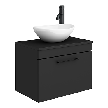 Arezzo Wall Hung Countertop Vanity Unit - Matt Black - 600mm with Worktop, Black Handle and Oval Basin