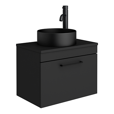 Arezzo Wall Hung Countertop Vanity Unit - Matt Black - 600mm with Worktop, Black Handle & Matt Black Round Basin