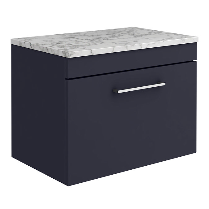 Arezzo Wall Hung Countertop Vanity Unit - Matt Blue - 600mm w. Matt White Marble Worktop & Chrome Ha