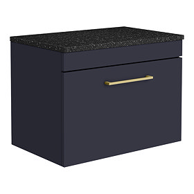 Arezzo Wall Hung Countertop Vanity Unit - Matt Blue - 600mm with Black Worktop & Brushed Brass Handl