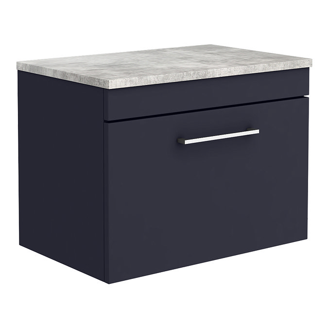 Arezzo Wall Hung Countertop Vanity Unit - Matt Blue - 600mm with Grey Worktop & Chrome Handle Large 