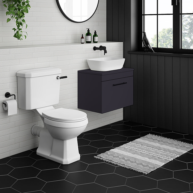 Arezzo Wall Hung Countertop Vanity Unit - Matt Blue - 600mm with Industrial Style Black Handle Feat