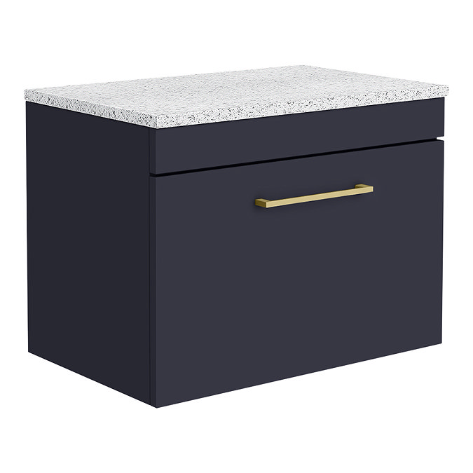 Arezzo Wall Hung Countertop Vanity Unit - Matt Blue - 600mm with White Worktop & Brushed Brass Handl