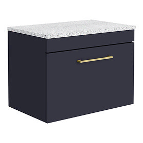 Arezzo Wall Hung Countertop Vanity Unit - Matt Blue - 600mm with White Worktop & Brushed Brass Handl