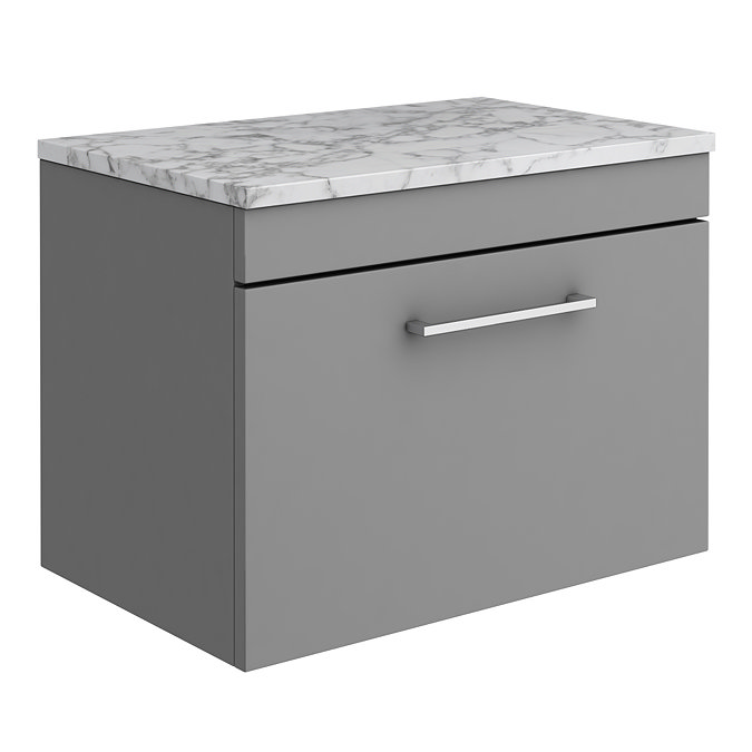 Arezzo Wall Hung Countertop Vanity Unit - Matt Grey - 600mm w. Matt White Marble Worktop & Chrome Ha