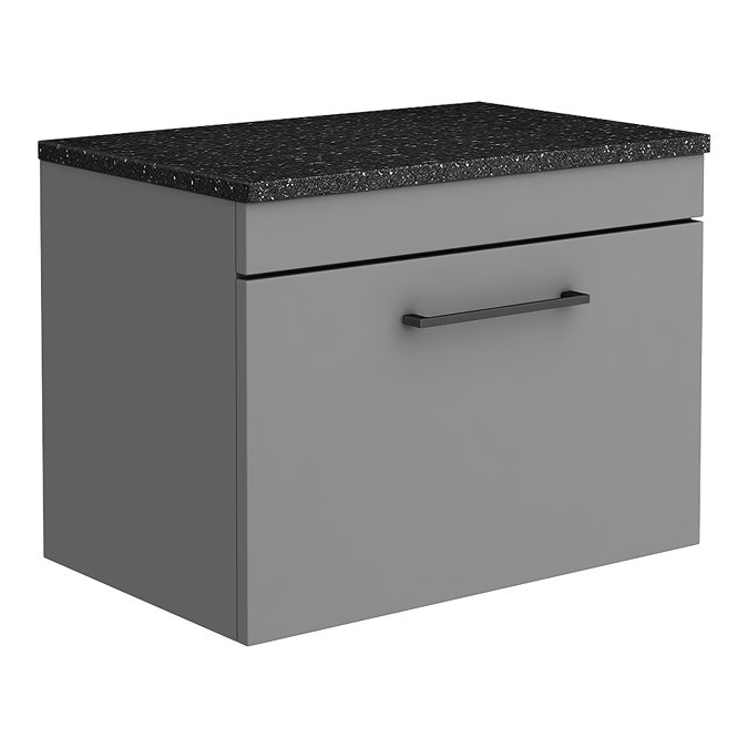 Arezzo Wall Hung Countertop Vanity Unit - Matt Grey - 600mm with Black Worktop & Matt Black Handle L