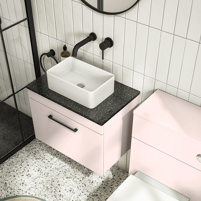 Arezzo Wall Hung Countertop Vanity Unit - Matt Pink - 600mm with Black Worktop & Matt Black Handle