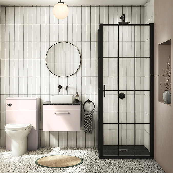 Arezzo Wall Hung Countertop Vanity Unit - Matt Pink - 600mm with Black Worktop & Matt Black Handle