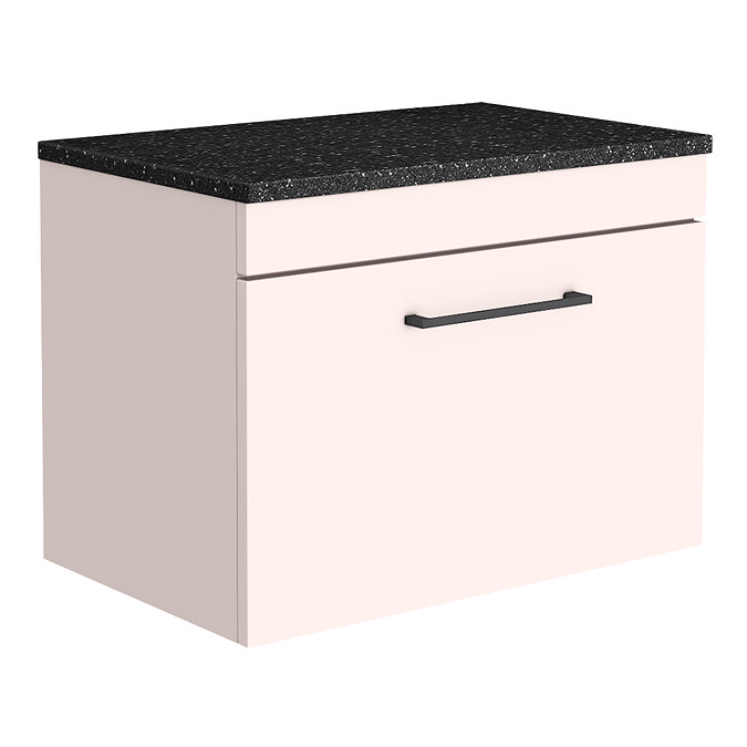 Arezzo Wall Hung Countertop Vanity Unit - Matt Pink - 600mm with Black Worktop & Matt Black Handle L