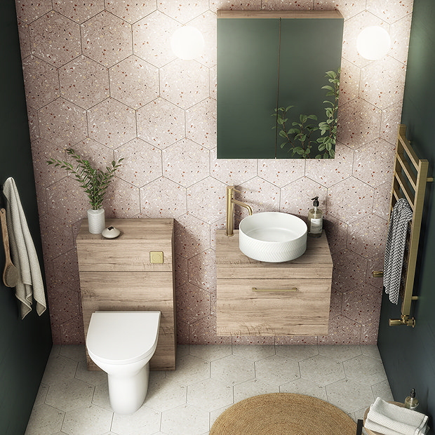 Arezzo Wall Hung Countertop Vanity Unit - Rustic Oak - 600mm with Worktop & Brushed Brass Handle