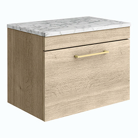 Arezzo Wall Hung Countertop Vanity Unit - Rustic Oak - 600mm w. Matt White Marble Worktop & Brass Ha