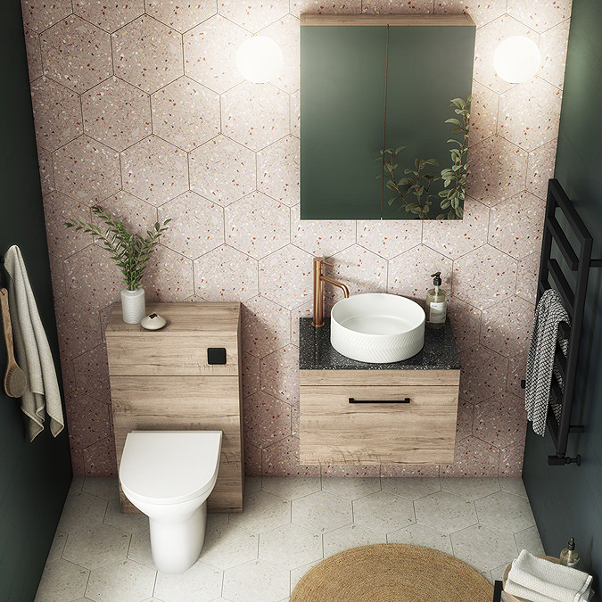 Arezzo Wall Hung Countertop Vanity Unit - Rustic Oak - 600mm with Black Worktop & Matt Black Handle  In Bathroom Large Image