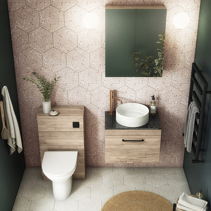 Arezzo Wall Hung Countertop Vanity Unit - Rustic Oak - 600mm with Black Worktop & Matt Black Handle In Bathroom Large Image