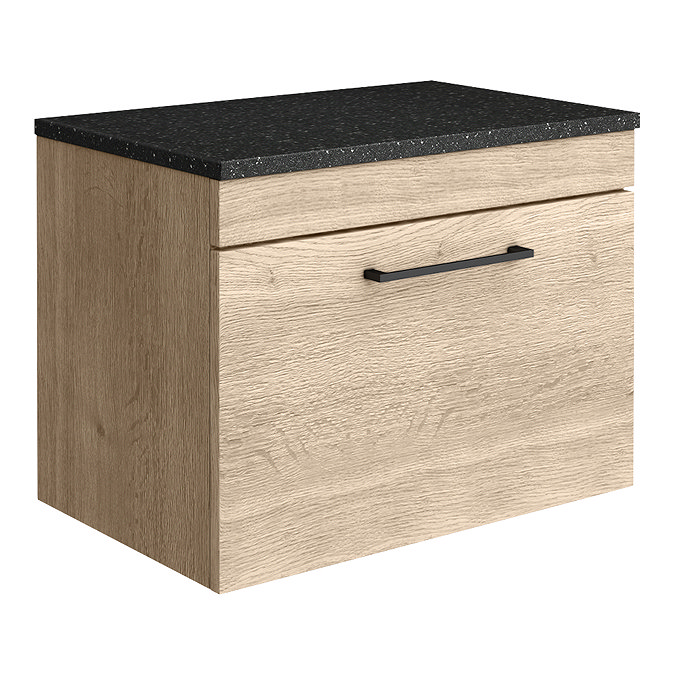 Arezzo Wall Hung Countertop Vanity Unit - Rustic Oak - 600mm with Black Worktop & Matt Black Handle