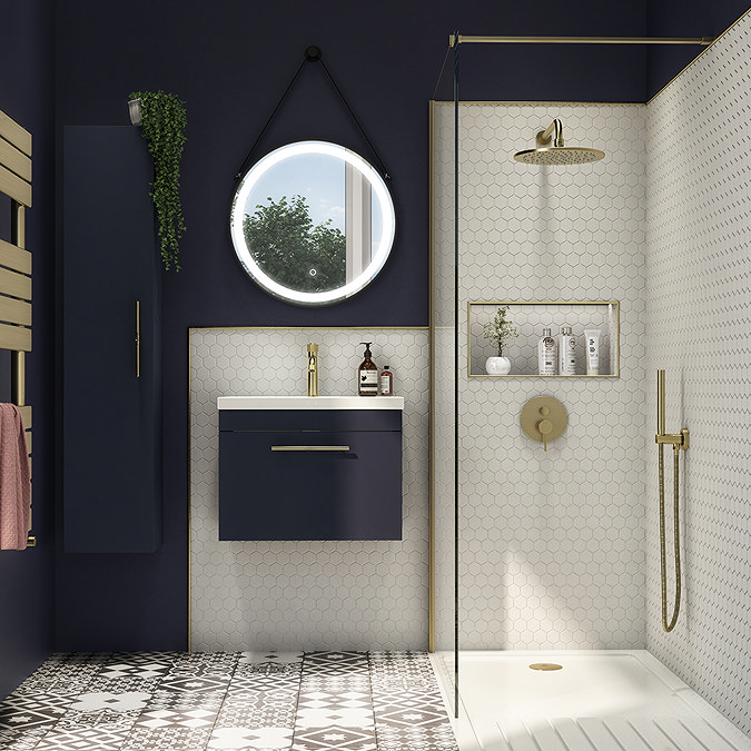 Arezzo Wall Hung Vanity Unit - Matt Blue - 500mm with Industrial Style Brushed Brass Handle  Standar
