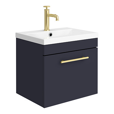 Arezzo Wall Hung Vanity Unit - Matt Blue - 500mm with Industrial Style Brushed Brass Handle  Profile