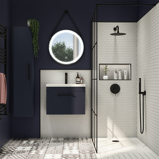 Arezzo Wall Hung Vanity Unit - Matt Blue - 600mm with Industrial Style Black Handle  Standard Large 