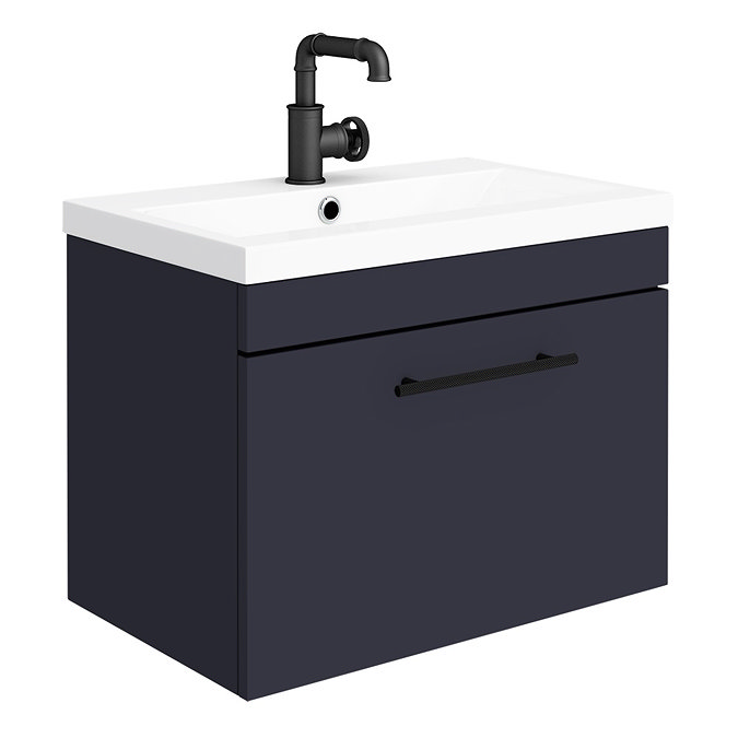 Arezzo Wall Hung Vanity Unit - Matt Blue - 600mm with Industrial Style Black Handle Large Image