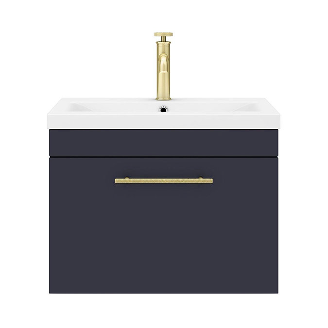 Arezzo Wall Hung Vanity Unit - Matt Blue - 600mm with Industrial Style Brushed Brass Handle  additio