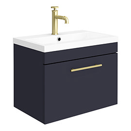 Arezzo Wall Hung Vanity Unit - Matt Blue - 600mm with Industrial Style Brushed Brass Handle Medium I