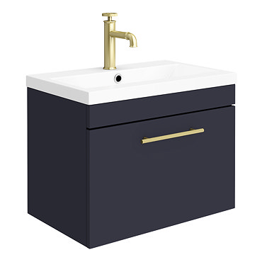 Arezzo Wall Hung Vanity Unit - Matt Blue - 600mm with Industrial Style Brushed Brass Handle  Profile